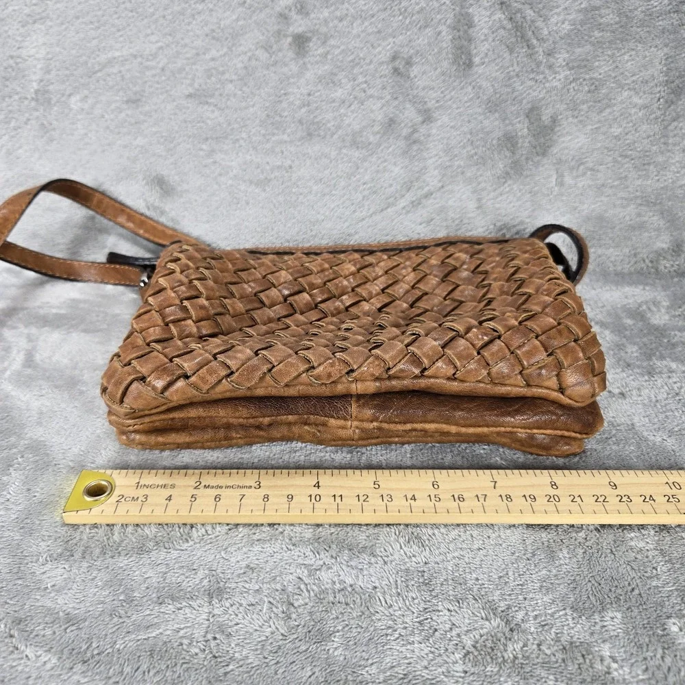 Maxon Collection Italian‎ Leather Woven Crossbody Bag Boho Brown Pockets Vintage